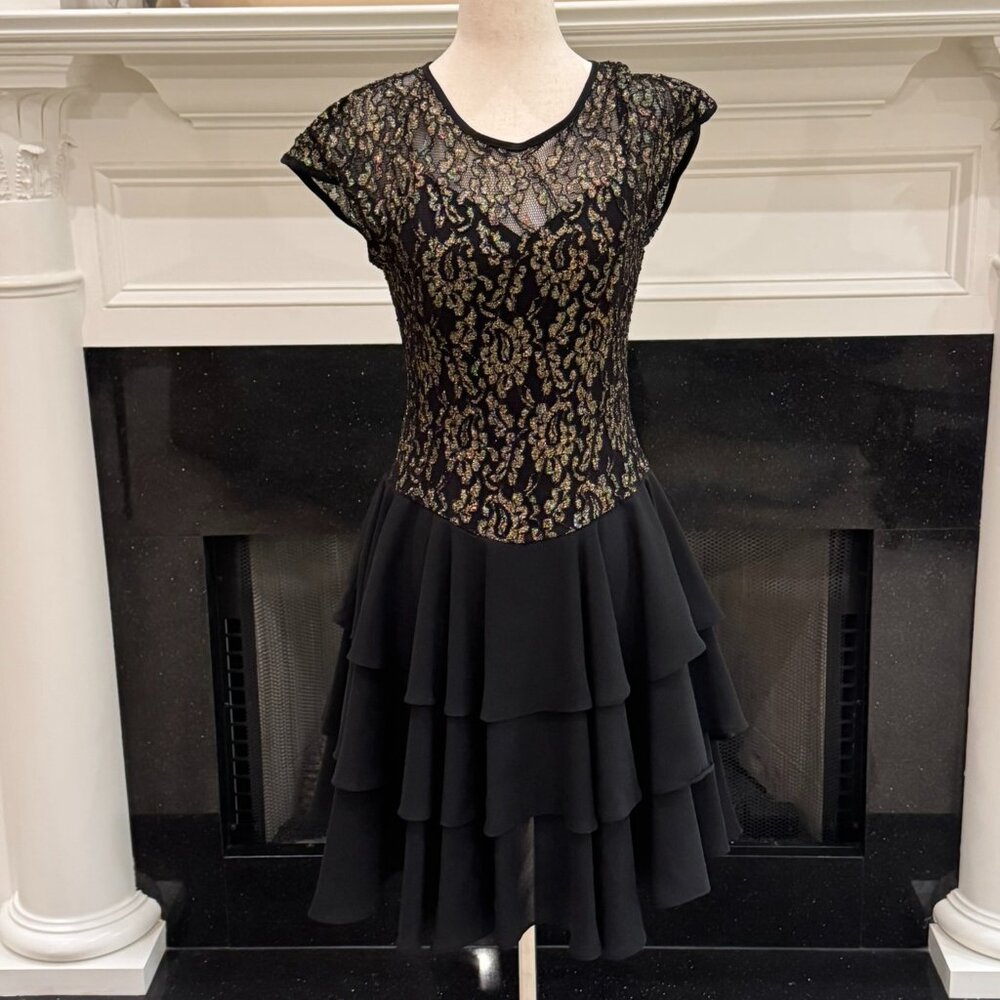 Vintage Late Edition Black & Gold Lace Tiered Cocktail Dress – Size 6